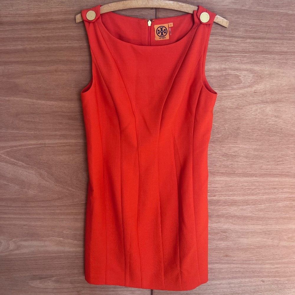 TORY BURCH Sleeveless Sheath Dress 8 Orange Wool Blend Gold Button Stitch Line